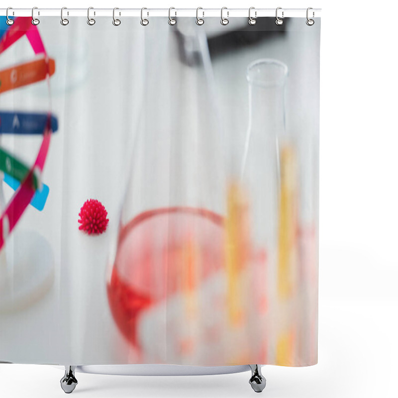 Personality  Selective Focus Of Coronavirus Bacteria Model Near Blurred Flasks In Lab Shower Curtains