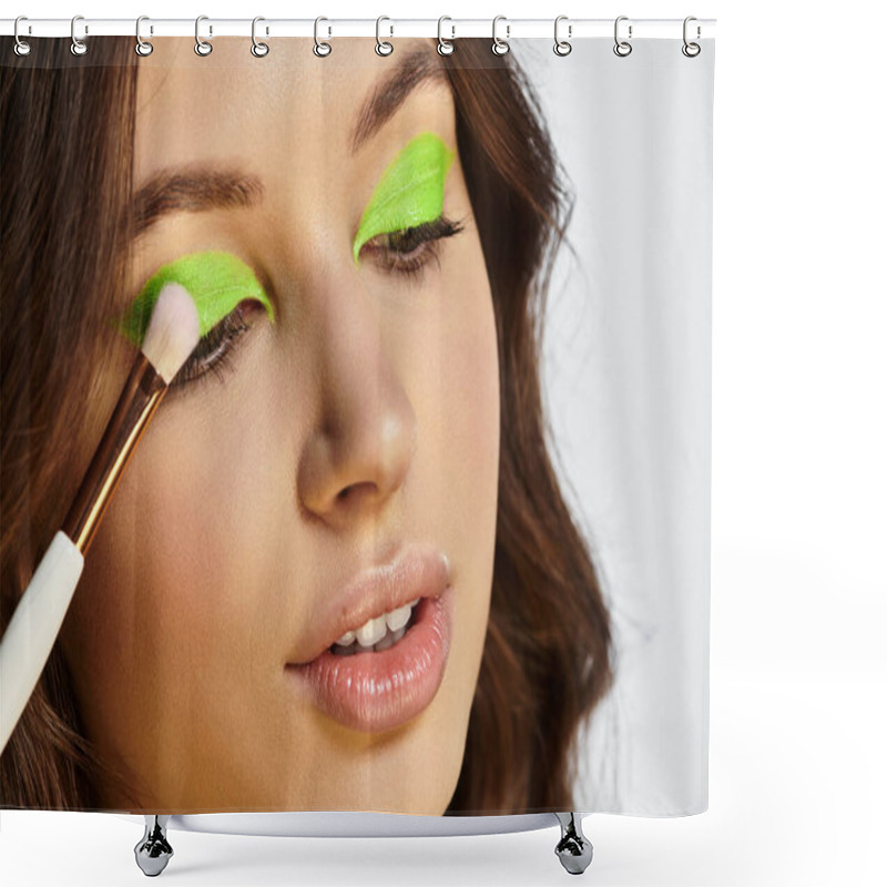 Personality  A Young Woman Showcases Her Stunning Makeup With Bold Green Eyeshadow Against A Grey Background. Shower Curtains