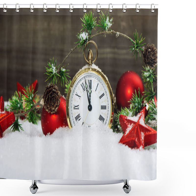 Personality  Christmas Decoration Red Stars, Baubles And Golden Clock Shower Curtains