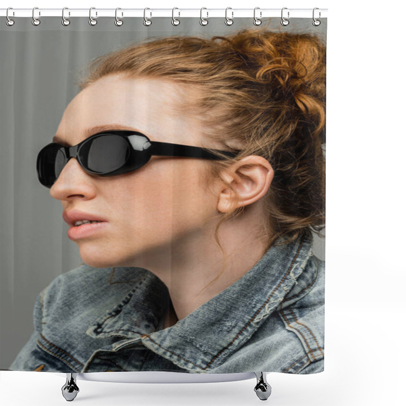 Personality  Portrait Of Freckled And Red Haired Woman With Natural Makeup Wearing Stylish Sunglasses And Denim Jacket Isolated On Grey Background, Trendy Sun Protection Concept, Fashion Model  Shower Curtains