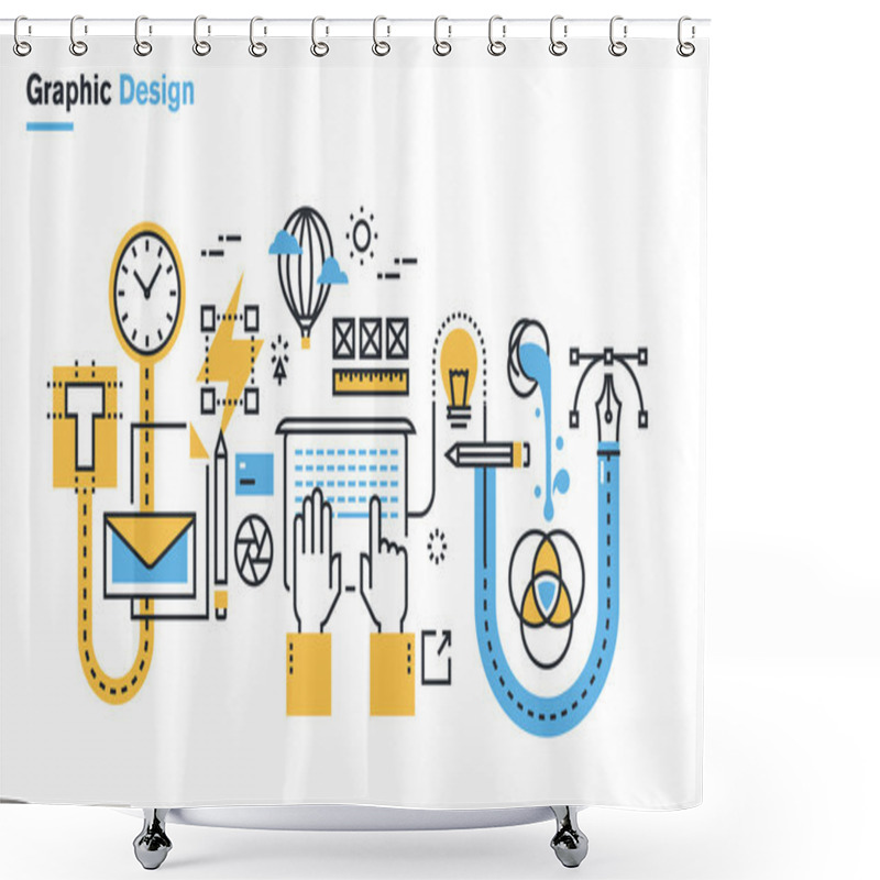 Personality  Flat Line Illustration Of Graphic Design Process, Creative Workflow, Stationary Design, Logo Design, Branding, Packaging Design, Corporate Identity. Shower Curtains