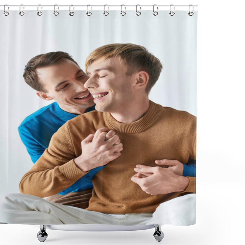 Personality  Two Men Sitting On A Bed, Smiling Joyfully. Shower Curtains