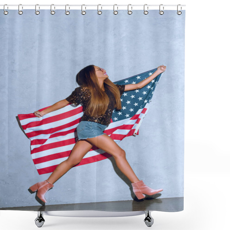 Personality  Happy African American Woman With American Flag In Hands Shower Curtains