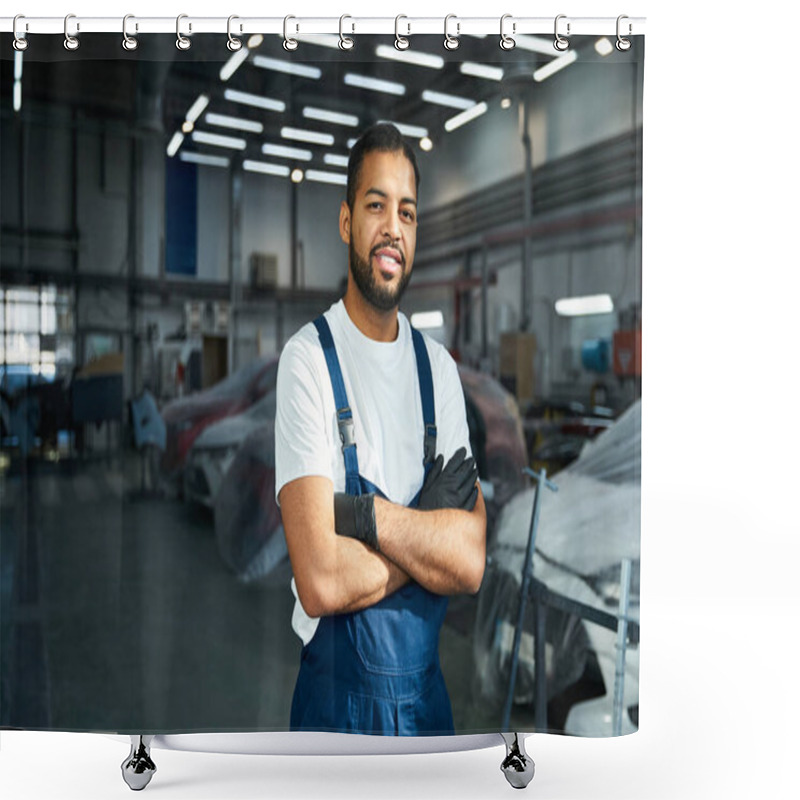 Personality  Handsome Mechanic Stands Proud In A Vibrant Automotive Workshop With Tools Around. Shower Curtains