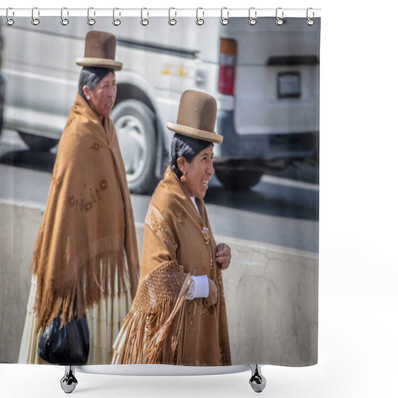 Personality  LA PAZ, BOLIVIA - April 30, 2016: Traditional Women (Cholitas) In Typical Clothes During 1st Of May Labor Day Parade - La Paz, Bolivia Shower Curtains