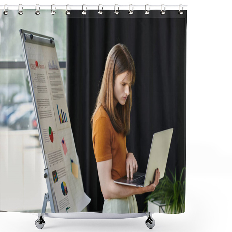 Personality  The Individual Focuses Intently On Their Laptop While Surrounded By Visual Data Displays. Shower Curtains