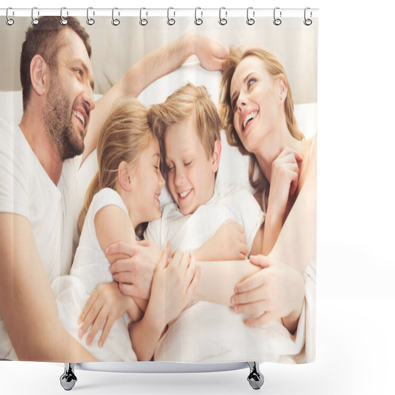 Personality  Happy Caucasian Family Lying In Bed Shower Curtains