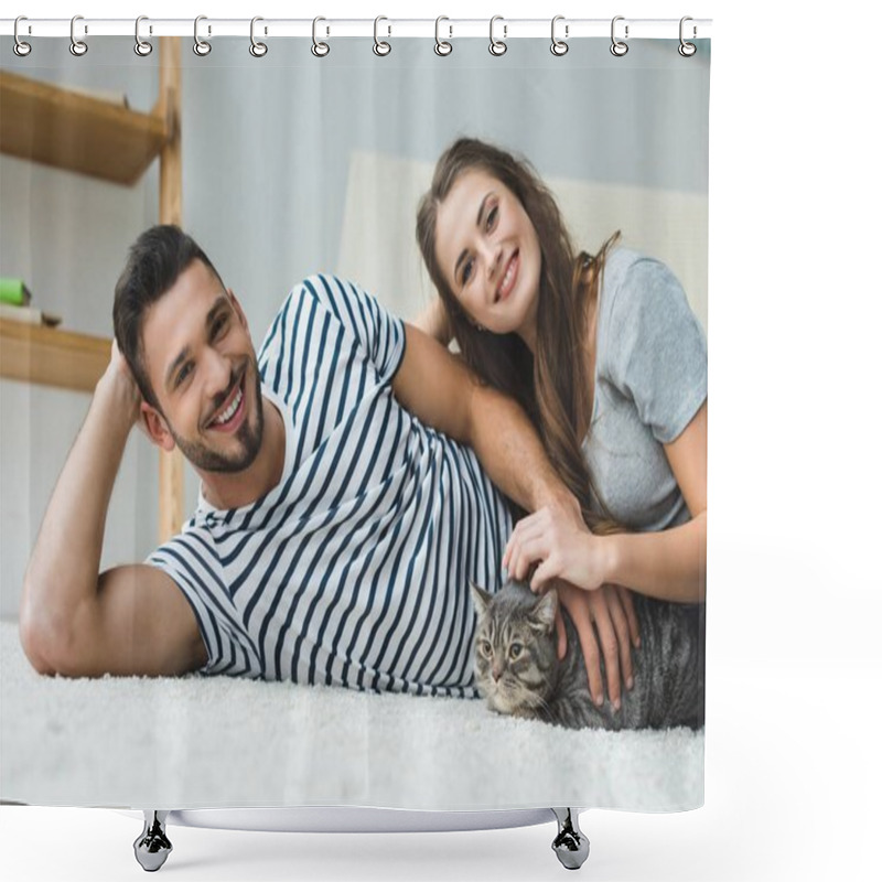 Personality  Beautiful Young Couple Lying On Floor With Adorable Tabby Cat Shower Curtains