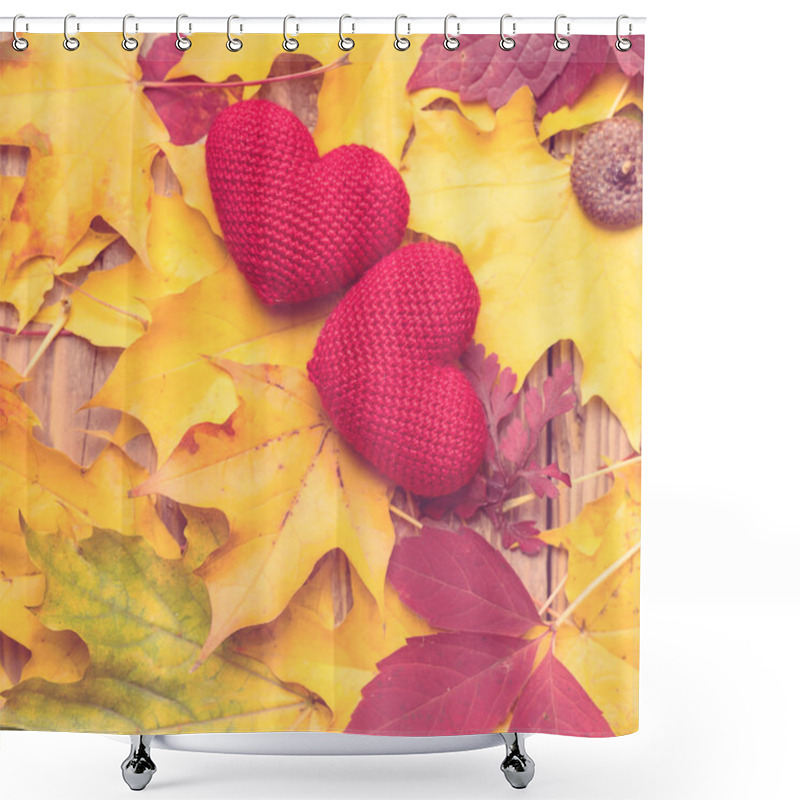 Personality  Autumn Leaves With Two Hearts. Symbol For Loving Autumn Season. Autumn Mood. Seasonal Sales. Autumn Holiday Shower Curtains