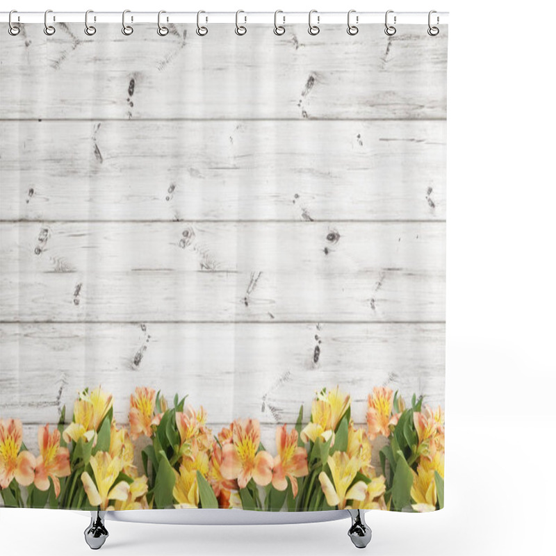 Personality  Beautifull Flowers Over Wood Planks Background Shower Curtains