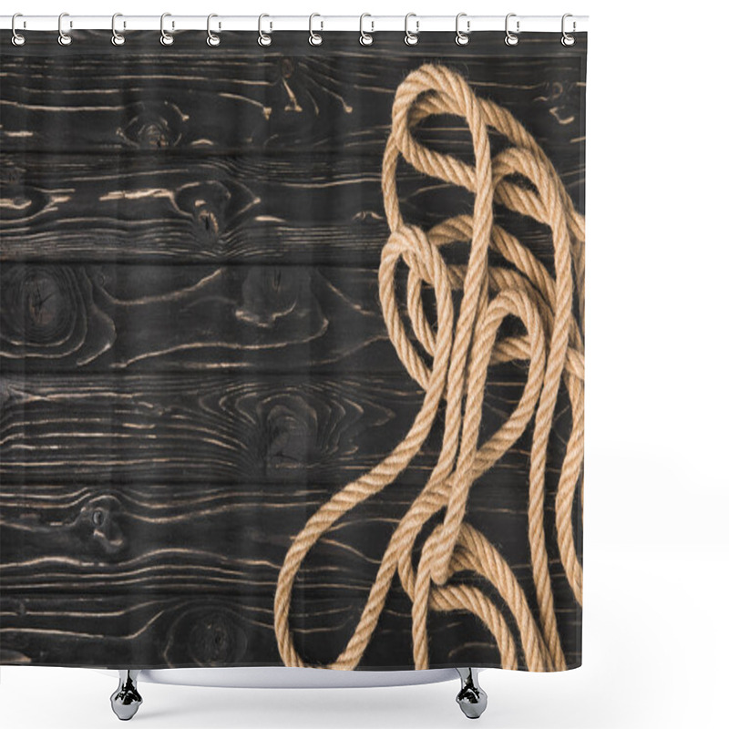 Personality  Top View Of Brown Nautical Rope On Dark Wooden Surface  Shower Curtains