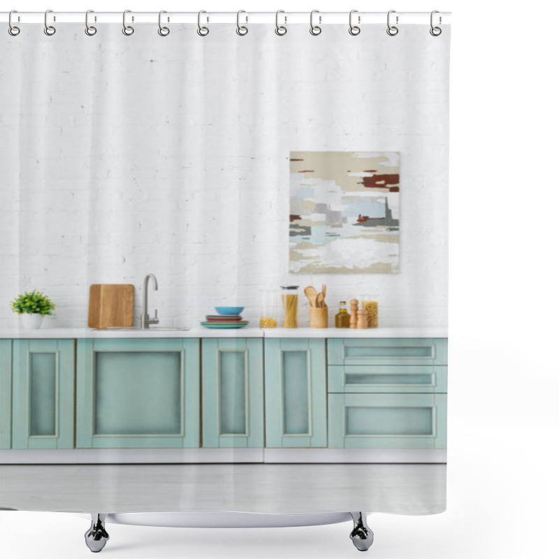 Personality  White And Turquoise Kitchen Interior With Kitchenware And Abstract Painting On Brick Wall Shower Curtains