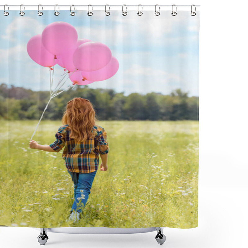 Personality  Back View Of Child With Pink Balloons Walking In Summer Field Shower Curtains