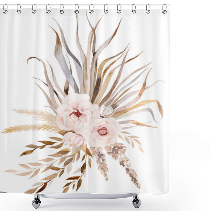 Personality  Watercolor Bohemian Bouquet With Tropical And Cotton Flowers, Dried Palm Leaves And Pampas Grass Illustration With Copy Space Isolated. Beige Arrangement For Wedding Design, Greetings Cards, Crafting Shower Curtains