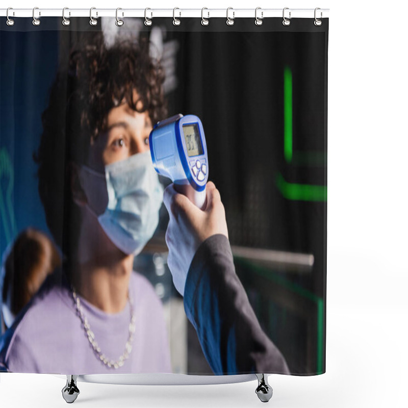 Personality  Selective Focus Of Pyrometer In Hand Of Controller Near Boy In Safety Mask Shower Curtains