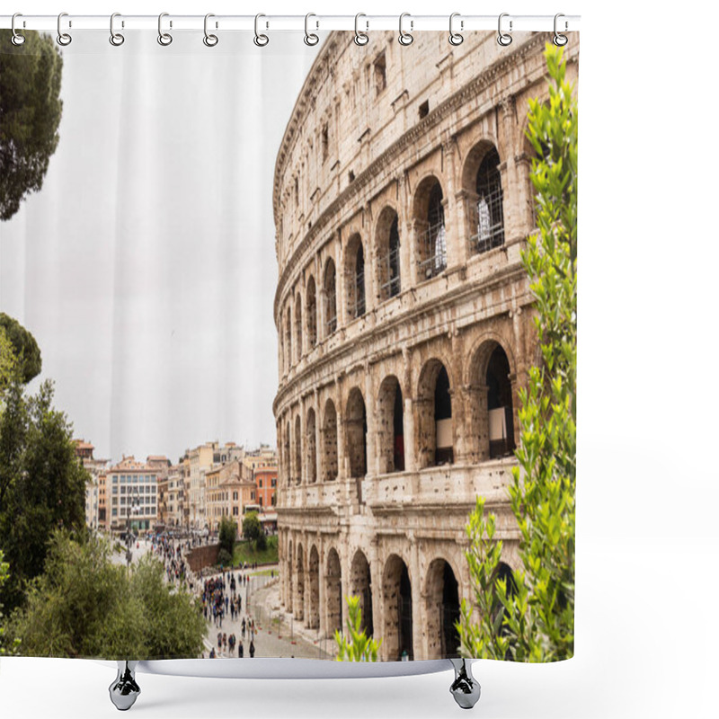 Personality  ROME, ITALY - JUNE 28, 2019: People Walking Near Ruins Of Colosseum And Green Trees Under Grey Sky Shower Curtains