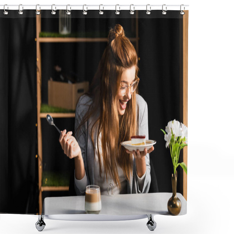 Personality  Excited Woman Eating Cake With Coffee In Cafe With Flowers In Vase  Shower Curtains