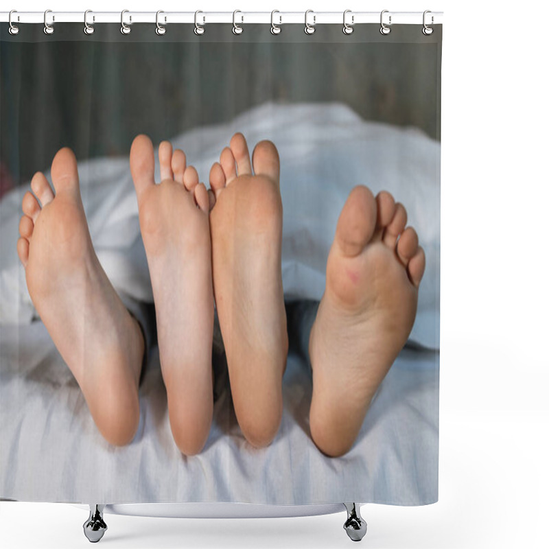 Personality  The Bare, Clean Feet Of Two Children, Offspring, Lying Side By Side Under The Same Blanket On The Bed. Morning Relaxation, Cozy Rest. Cute Pictures Of Baby Feet Shower Curtains