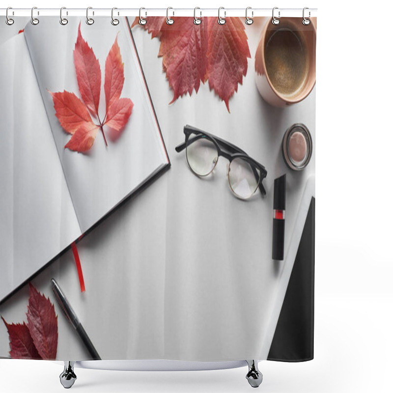 Personality  Top View Of Notebook Near Glasses, Coffee Cup, Cosmetics, Pen And Red Leaves Of Wild Grapes On White Table Shower Curtains