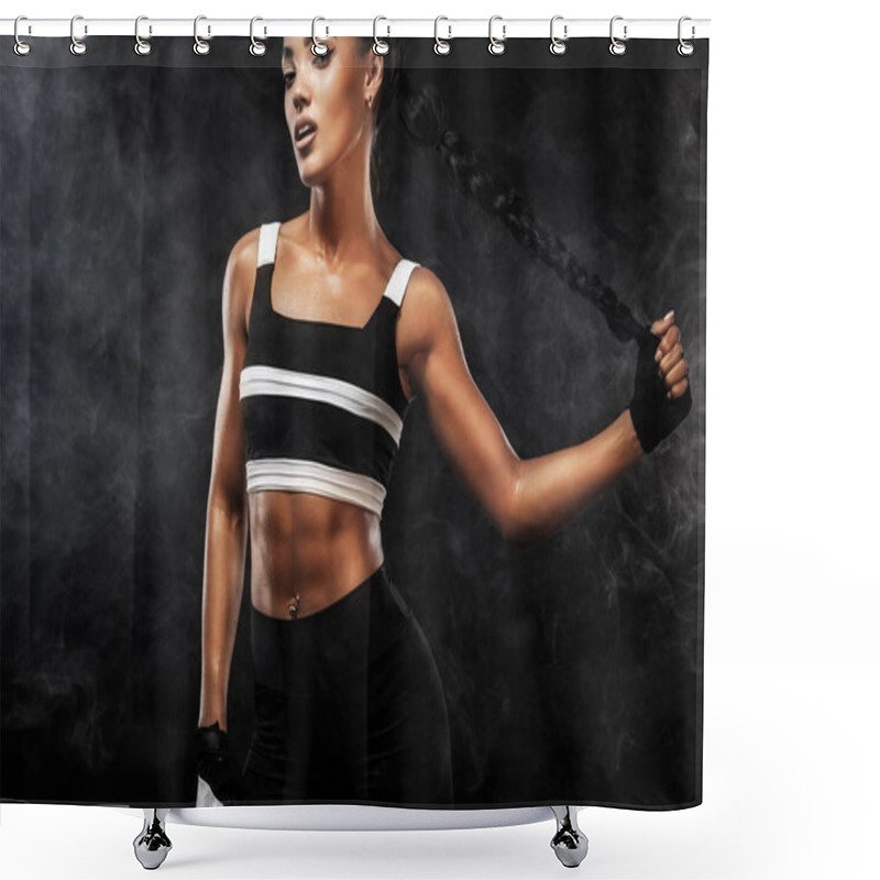 Personality  Sporty Beautiful Afro-american Model, Woman In Sportwear Makes Fitness Exercising At Black Background To Stay Fit Shower Curtains