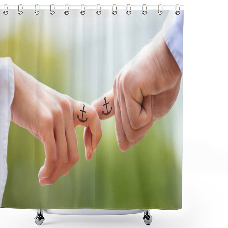 Personality  Loving Couple Holding Each Other's Finger With Black Anchor Sign Tattoo Against Blurred Background Shower Curtains