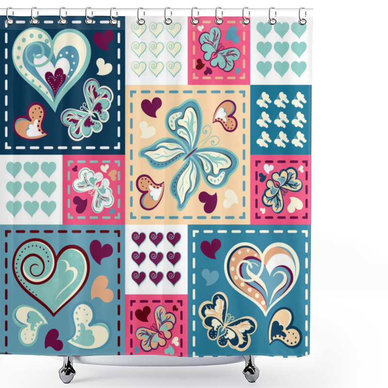 Personality  Seamless Background With Butterflies Hearts In Patchwork Style. Vector Illustration Shower Curtains