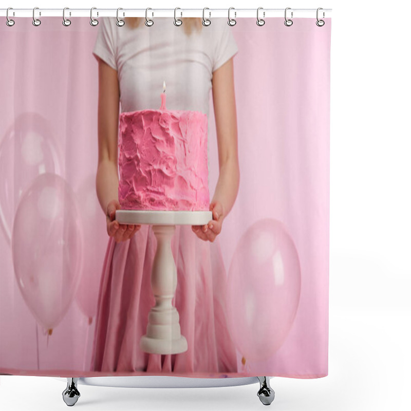 Personality  Cropped View Of Woman Holding Cake Stand With Tasty Pink Birthday Cake And Burning Number One Candle Near Air Balloons On Pink  Shower Curtains