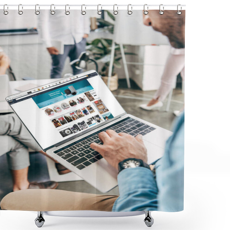 Personality  Cropped Shot Of Young Businessman Using Laptop With Amazon Website On Screen   Shower Curtains