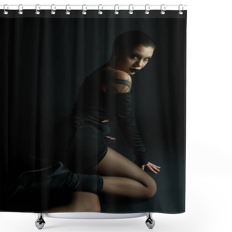 Personality  Passionate Woman In Sexy Dress And Fishnet Tights Sitting And Looking At Camera On Black Backdrop Shower Curtains