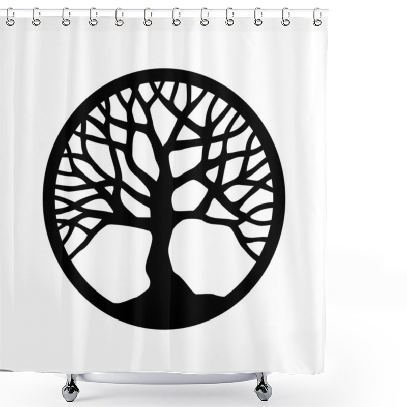 Personality  Vector Black Round Tree Outline Silhouette Drawing Illustration In Circle.Tree Of Life.Family Tree Logo Icon Sign Isolated On White Background.T Shirt Print Design. Shower Curtains