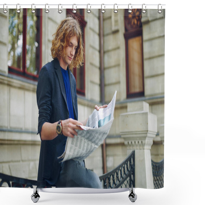 Personality  Young Reddish Man Reading Newspaper Near Old Style Building Shower Curtains