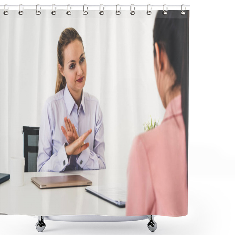 Personality  Two Young Business Women Meeting For Interview. Shower Curtains