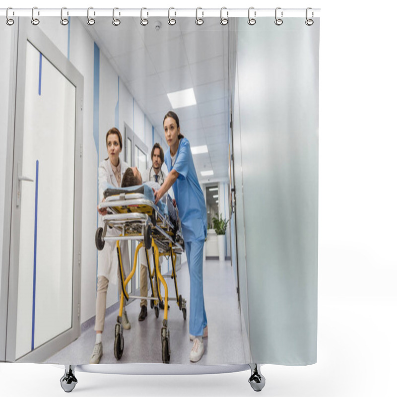 Personality  Worried Doctors And Nurse Transporting Unconscious Patient On Gurney Shower Curtains