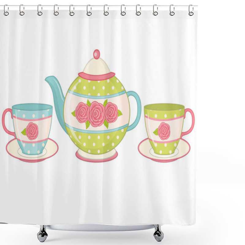 Personality  Vector Tea Pot With Tea Cups And Saucers Shower Curtains