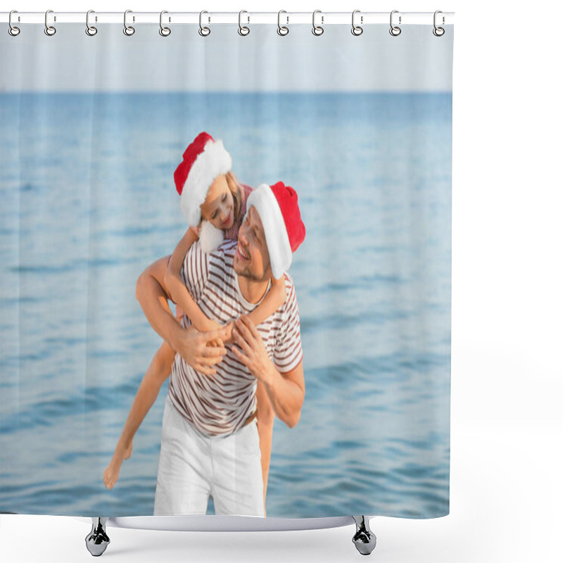 Personality  Happy Father And Daughter Celebrating Christmas At Tropical Resort Shower Curtains