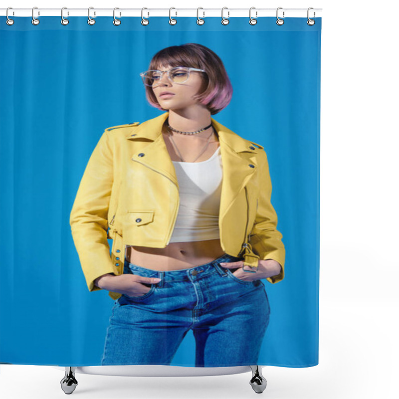 Personality  Stylish Girl Posing In Jeans And Leather Jacket Isolated On Blue Shower Curtains