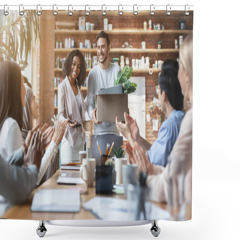 Personality  Young Multiracial Team Welcoming Cheerful Guy Newcomer Shower Curtains