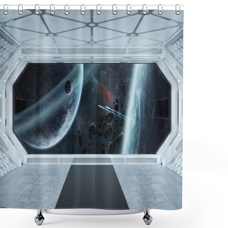 Personality  White Blue Spaceship Futuristic Interior With Window View On Spa Shower Curtains