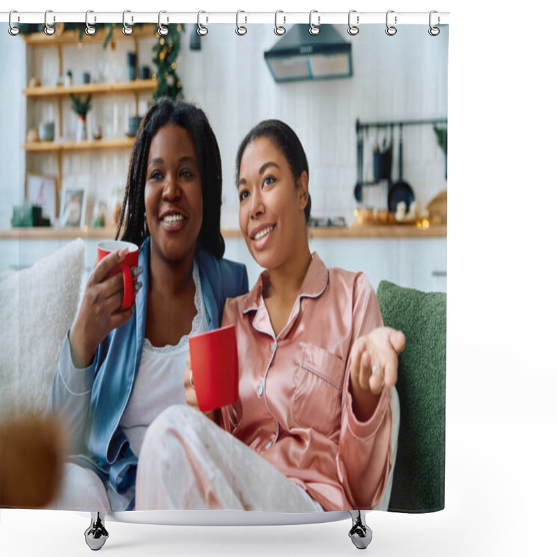 Personality  Two Women In Pajamas Enjoy Each Others Company While Sipping Hot Drinks And Laughing Together Shower Curtains