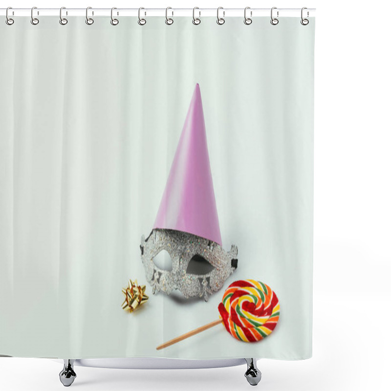 Personality  Close Up View Of Masquerade Mask, Party Cone And Lollipop Isolated On Grey Shower Curtains