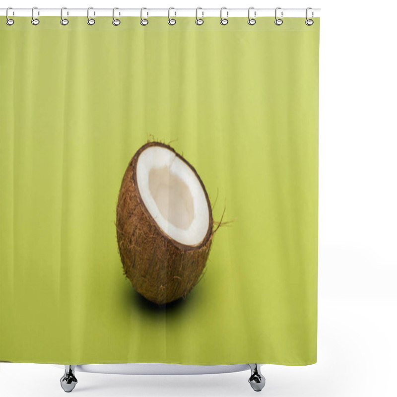 Personality  Half Of Ripe Fresh Coconut On Green Background Shower Curtains