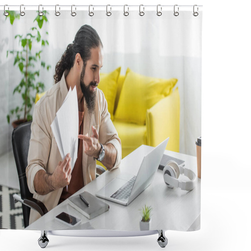 Personality  Bearded Hispanic Freelancer Pointing At Documents During Video Call On Laptop At Home Shower Curtains