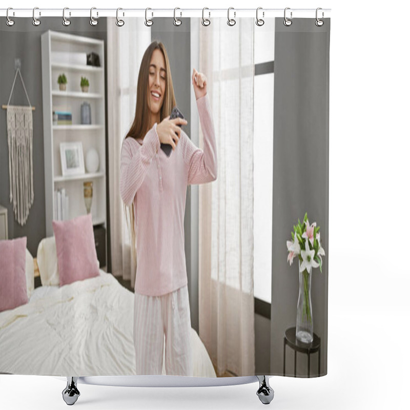 Personality  Smiling Woman Dancing In A Cozy Bedroom While Holding A Smartphone. Shower Curtains