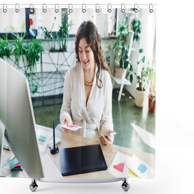 Personality  A Plus Size Woman Happily Engages In Creative Projects At Her Office Workspace Filled With Plants. Shower Curtains