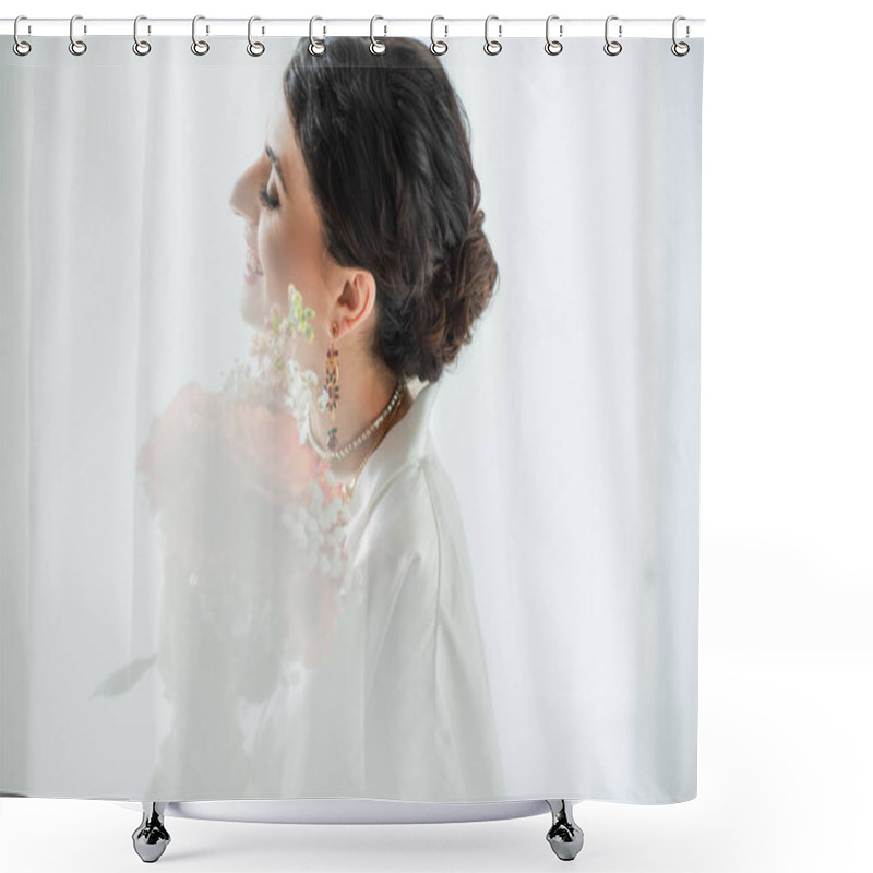 Personality  Side View Of Happy Indian Bride With Mehndi Holding Bouquet Of Flowers On White Shower Curtains