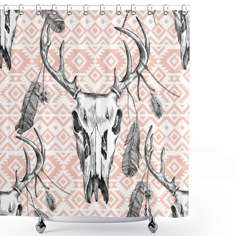 Personality  Seamless Pattern With Deer Scull, Feathers And Tribal Ornaments Shower Curtains