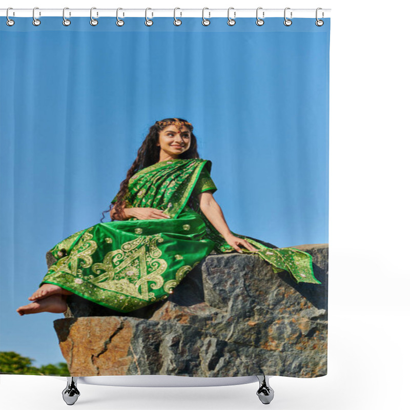 Personality  Carefree Barefoot Indian Woman In Stylish Green Sari Sitting On Stone With Sky On Background Shower Curtains