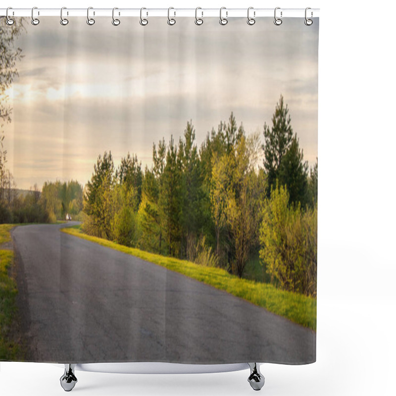 Personality  Spring Landscape, Sunrise Sunrise. Meadow With Trees, Rural Land Shower Curtains