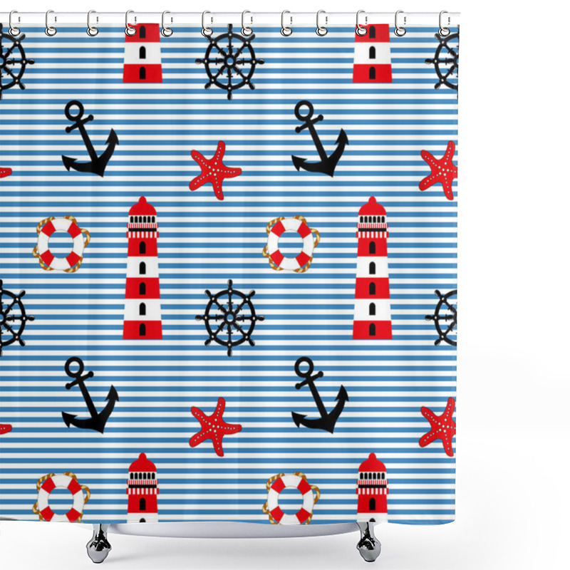 Personality  Nautical Seamless Pattern, Anchor, Lighthouse, Lifebuoy, Starfish And Rudder On A Striped Background. Background, Print, Textile, Wallpaper Shower Curtains