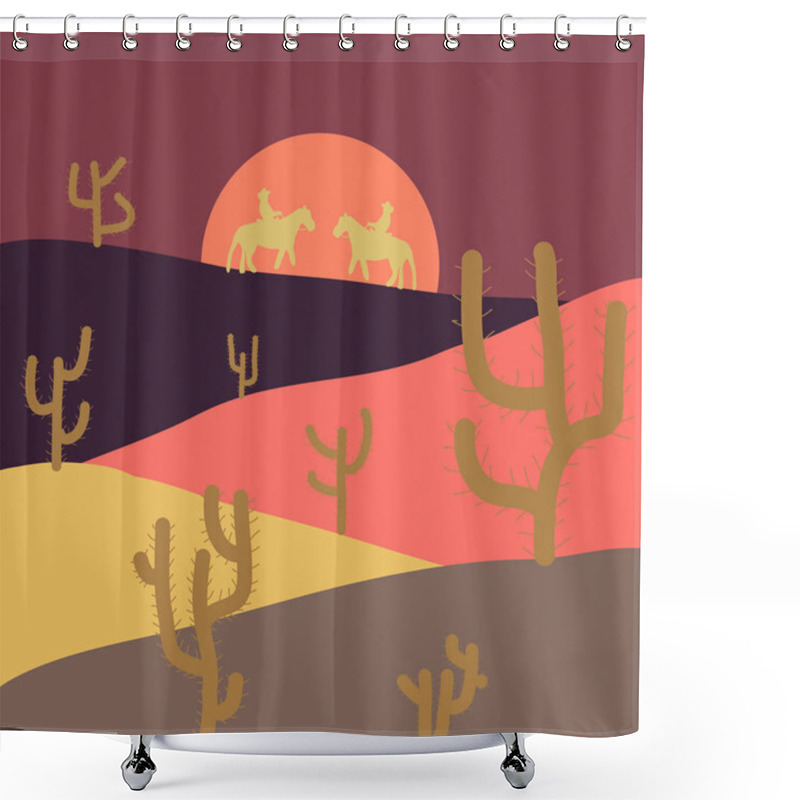 Personality  Composition. Desert Texas Landscape. Vector Cartoon Desert With Road, Cactuses And Rock Mountains. Illustration On Red, Pink And Brown Colors. Shower Curtains